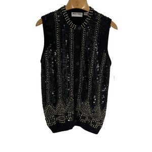 Western Connection‎ Womens Beaded Sweater L Black Vest Cotton Ramie Holiday